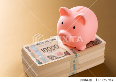 500万円の札束とピンクの豚の貯金箱　金バック 142469763