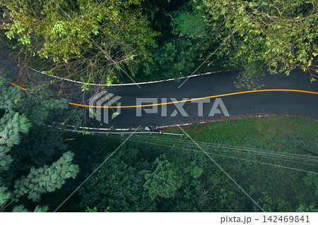 aerial view of a winding asphalt road cutting through a lush green forest covered in mist. aerial view of a winding asphalt road cutting through a lush green forest covered in mist. 142469841