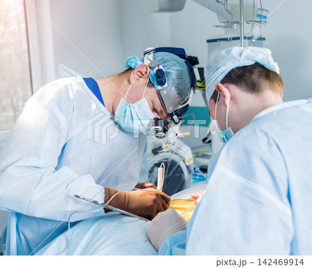 Spinal surgery. Group of surgeons in operating room with surgery equipment. Laminectomy 142469914