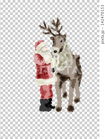 A watercolor-style Christmas illustration of Santa Claus snuggling up to a reindeer. A watercolor-style Christmas illustration of Santa Claus snuggling up to a reindeer. 142470153