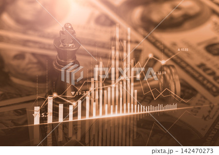 Business man on digital stock market financial indicator background. Digital business and stock market financial indicator on LED. Double exposure of business man and digital stock market financial. 142470273