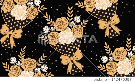 Flower bouquet wrapped in paper and ribbon, New Year vector background Flower bouquet wrapped in paper and ribbon, New Year vector background 142470397