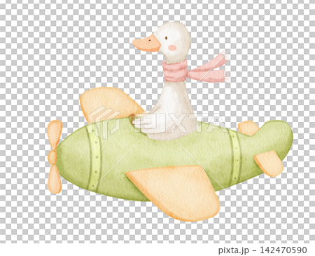Cartoon pilot goose character with scarf in plane. Watercolor funny baby illustration for children, nursery print. Cartoon pilot goose character with scarf in plane. Watercolor funny baby illustration for children, nursery print. 142470590