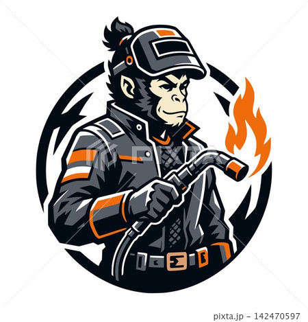 Monkey welder mascot logo template for industrial welding service brand Monkey welder mascot logo template for industrial welding service brand 142470597