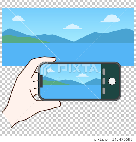 An illustration of someone taking a landscape photo with a smartphone held horizontally. 142470599