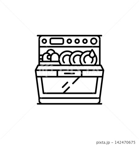 Dishwasher line icon for home appliances, kitchen equipment, dish cleaning, household devices, kitchen maintenance, home interior, web, mobile apps, and infographic design, isolated 142470675