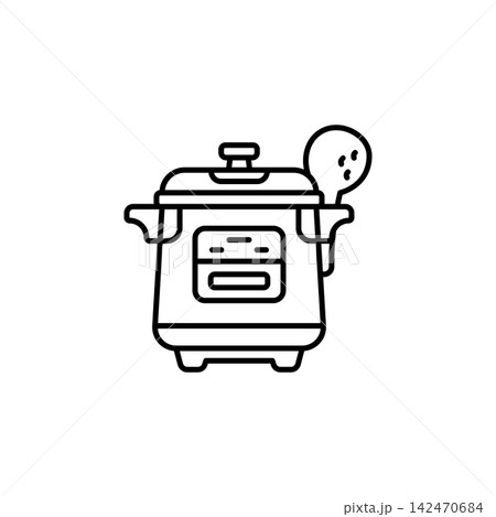 Rice cooker line icon for home appliances, kitchen equipment, cooking, rice preparation, household devices, food preparation, web, mobile apps, and infographic design, isolated 142470684