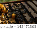 Wide view of open beehive with many bees on frames Wide view of open beehive with many bees on frames 142471303