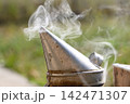 Bee smoker cone with smoke against green background Bee smoker cone with smoke against green background 142471307