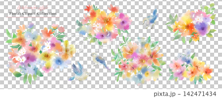 一組色彩鮮豔的水彩風格PNG格式花鳥圖片。 142471434