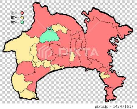 Kanagawa Prefecture Map: City/Town Color (Brushstroke Style) - Japanese Style Kanagawa Prefecture Map: City/Town Color (Brushstroke Style) - Japanese Style 142471617