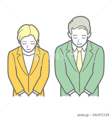 お辞儀をする男女のビジネスパーソン 上半身イラスト お辞儀をする男女のビジネスパーソン 上半身イラスト 142471729