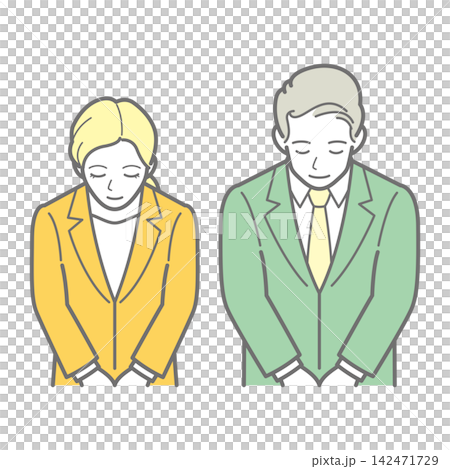 お辞儀をする男女のビジネスパーソン 上半身イラスト お辞儀をする男女のビジネスパーソン 上半身イラスト 142471729