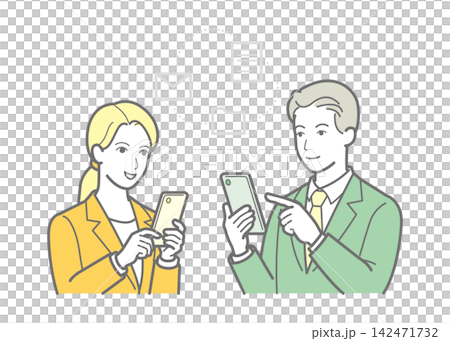 Male and female business professionals who use smartphones to share data and communicate. Male and female business professionals who use smartphones to share data and communicate. 142471732