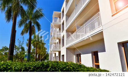 European residential architecture harmonizing with nature. Eco-friendly living in city with greens. Eco apartment building saving energy and fresh air concept. European residential architecture harmonizing with nature. Eco-friendly living in city with greens. Eco apartment building saving energy and fresh air concept. 142472121