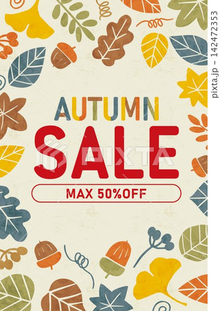 カラフルな秋の葉と最大50%オフのオータムセールバナー 142472353