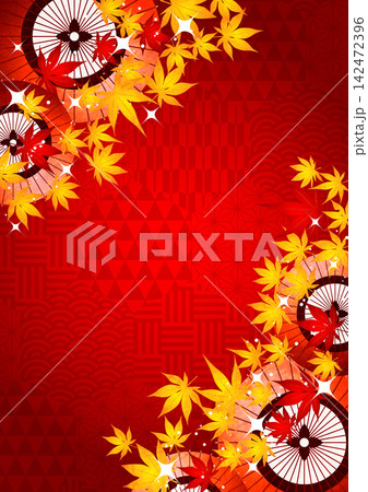 赤ハニカム和柄に紅葉と和傘、背景、秋、かわいい、イラスト、縦 赤ハニカム和柄に紅葉と和傘、背景、秋、かわいい、イラスト、縦 142472396