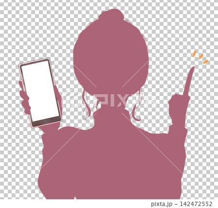 一名女子舉起食指,展示她的智慧型手機;剪影。 一名女子舉起食指,展示她的智慧型手機;剪影。 142472552
