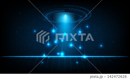 Futuristic Glowing HUD Circle with Light Rays and Data Transfer Particles Futuristic Glowing HUD Circle with Light Rays and Data Transfer Particles 142472626
