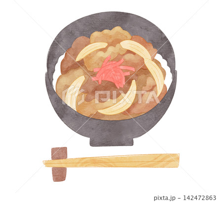 ゆるかわな牛丼と箸のイラスト 水彩風 ゆるかわな牛丼と箸のイラスト 水彩風 142472863