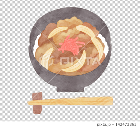 ゆるかわな牛丼と箸のイラスト 水彩風 ゆるかわな牛丼と箸のイラスト 水彩風 142472863