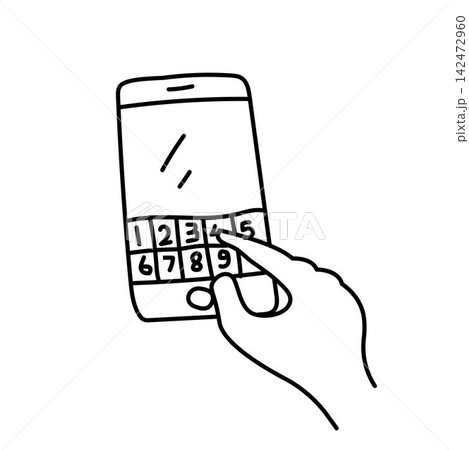 doodle vector illustration of a hand pressing a number button on a smartphone screen. 142472960