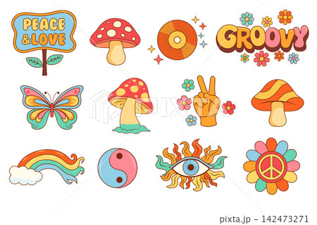 Groovy retro icons set with peace, love, flowers, mushrooms, rainbow and hippie symbols in colorful flat vector style Groovy retro icons set with peace, love, flowers, mushrooms, rainbow and hippie symbols in colorful flat vector style 142473271