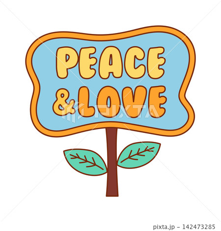 Retro groovy peace and love sign in 70s style with bold rounded lettering and warm colors, flat vector illustration Retro groovy peace and love sign in 70s style with bold rounded lettering and warm colors, flat vector illustration 142473285