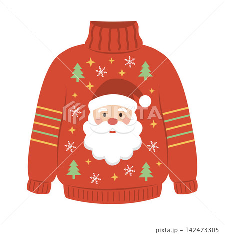 Vector illustration of a vibrant red turtleneck Christmas sweater featuring Santa Claus, snowflakes, and festive trees 142473305
