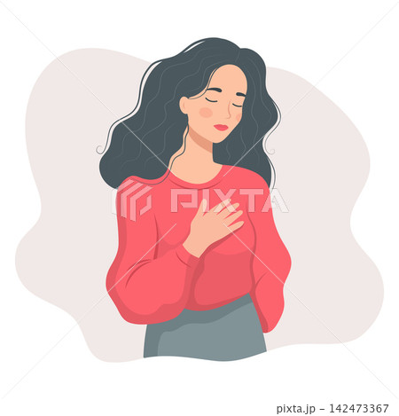Young woman with anxiety holding hand on chest. Mental health and stress concept vector illustration in flat style 142473367
