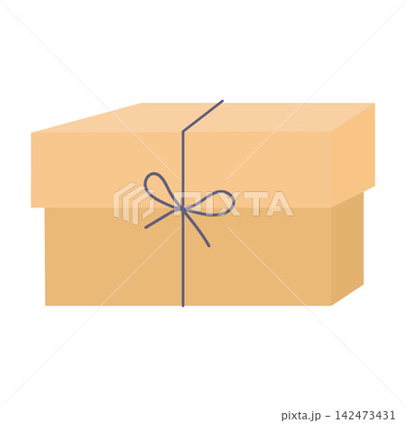 A cute, simple vector illustration of a rectangular cardboard box or package, sealed with a dark string and bow.  142473431