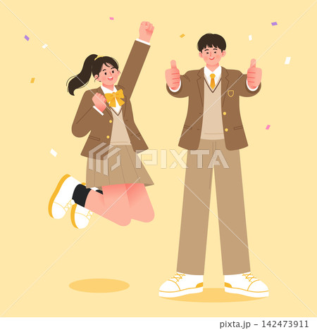 Happy Asian High School Students Cheering and Giving Thumbs Up Vector Illustration Happy Asian High School Students Cheering and Giving Thumbs Up Vector Illustration 142473911