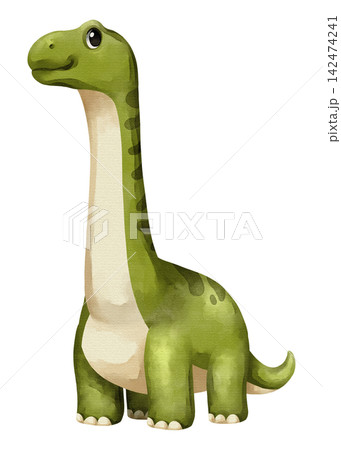 Watercolor brachiosaurus dinosaur isolated PNG illustration, featuring a cute hand-drawn green sauropod cartoon character on a transparent background for digital design and crafting. 142474241