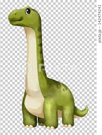 Watercolor brachiosaurus dinosaur isolated PNG illustration, featuring a cute hand-drawn green sauropod cartoon character on a transparent background for digital design and crafting. 142474241