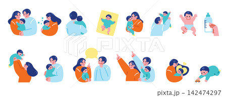 子育て、育児、赤ちゃんとパパとママのイラストセット 子育て、育児、赤ちゃんとパパとママのイラストセット 142474297