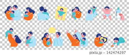 子育て、育児、赤ちゃんとパパとママのイラストセット 子育て、育児、赤ちゃんとパパとママのイラストセット 142474297
