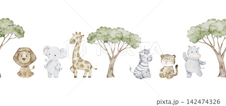 Watercolor seamless border with cute african animals. Safari pattern of giraffe, lion, zebra, elephant, hippo and acacia tree. Hand drawn kids fabric and textile, nursery. Watercolor seamless border with cute african animals. Safari pattern of giraffe, lion, zebra, elephant, hippo and acacia tree. Hand drawn kids fabric and textile, nursery. 142474326
