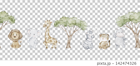 Watercolor seamless border with cute african animals. Safari pattern of giraffe, lion, zebra, elephant, hippo and acacia tree. Hand drawn kids fabric and textile, nursery. Watercolor seamless border with cute african animals. Safari pattern of giraffe, lion, zebra, elephant, hippo and acacia tree. Hand drawn kids fabric and textile, nursery. 142474326