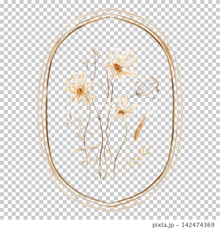 Hand painted watercolor dried flower bouquet inside thin pointed oval line frame, pale cream blooms, wheat spikes, beige leaves and tiny seed buds in warm sand and brown tones on white background Hand painted watercolor dried flower bouquet inside thin pointed oval line frame, pale cream blooms, wheat spikes, beige leaves and tiny seed buds in warm sand and brown tones on white background 142474369