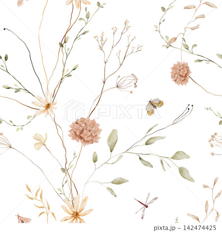 Hand painted watercolor seamless pattern with dried meadow flowers, grasses, seed pods, leaves, a moth and a dragonfly in warm ochre, mustard, terracotta and brown tones on a clean white background. Hand painted watercolor seamless pattern with dried meadow flowers, grasses, seed pods, leaves, a moth and a dragonfly in warm ochre, mustard, terracotta and brown tones on a clean white background. 142474425