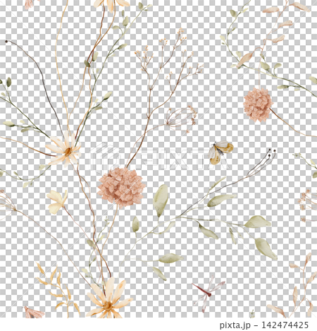 Hand painted watercolor seamless pattern with dried meadow flowers, grasses, seed pods, leaves, a moth and a dragonfly in warm ochre, mustard, terracotta and brown tones on a clean white background. Hand painted watercolor seamless pattern with dried meadow flowers, grasses, seed pods, leaves, a moth and a dragonfly in warm ochre, mustard, terracotta and brown tones on a clean white background. 142474425