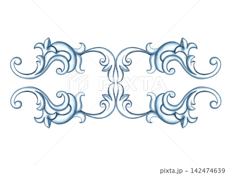 Decorative blue ornament in the Baroque style. A hand drawn watercolor illustration. A versatile element for borders, patterns and prints, covers, invitations and postcards, web pages and much more. 142474639