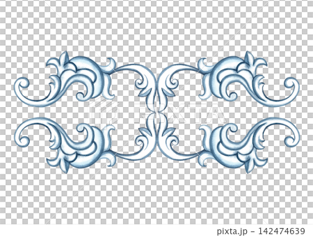 Decorative blue ornament in the Baroque style. A hand drawn watercolor illustration. A versatile element for borders, patterns and prints, covers, invitations and postcards, web pages and much more. 142474639