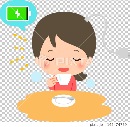 A young woman recharges her energy during teatime. A young woman recharges her energy during teatime. 142474789