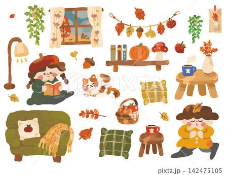 秋のおうち時間とインテリアのかわいいイラストセット 秋のおうち時間とインテリアのかわいいイラストセット 142475105