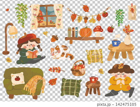 秋のおうち時間とインテリアのかわいいイラストセット 秋のおうち時間とインテリアのかわいいイラストセット 142475105