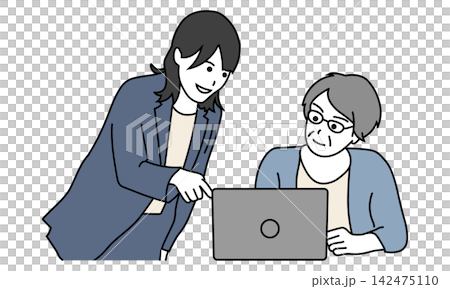 シニア女性にパソコンの使い方を教える女性 シニア女性にパソコンの使い方を教える女性 142475110