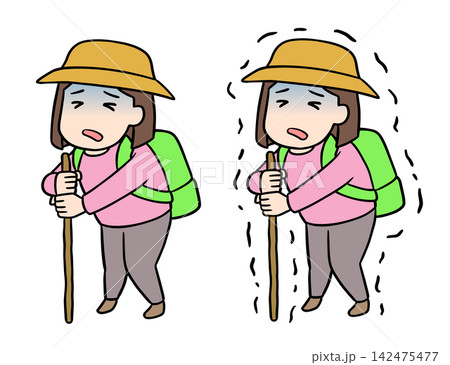 登山中に疲労困憊でふらふらになり棒にしがみついて耐えるコミカルな若い女性のイラスト 登山中に疲労困憊でふらふらになり棒にしがみついて耐えるコミカルな若い女性のイラスト 142475477