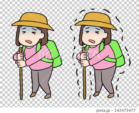 登山中に疲労困憊でふらふらになり棒にしがみついて耐えるコミカルな若い女性のイラスト 登山中に疲労困憊でふらふらになり棒にしがみついて耐えるコミカルな若い女性のイラスト 142475477