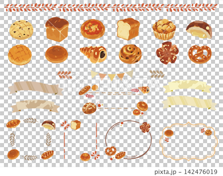 A set of cute hand-drawn illustrations of bread, frames, and decorations. A set of cute hand-drawn illustrations of bread, frames, and decorations. 142476019